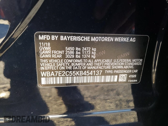 2019 BMW 7 Series 740i with VIN WBA7E2C55KB454137, listed as a Copart auction lot 40282713 with 42,654 mi miles. Bid and sale history available at carsss.com. Image 14.