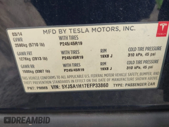 2014 Tesla Model S 60 z VIN 5YJSA1H17EFP33860, wystawiony jako IAAI lot #42471432 z przebiegiem 142 045 mil mil oraz . Historia ofert i sprzedaży dostępna na DreamBid. Obrazek 9.
