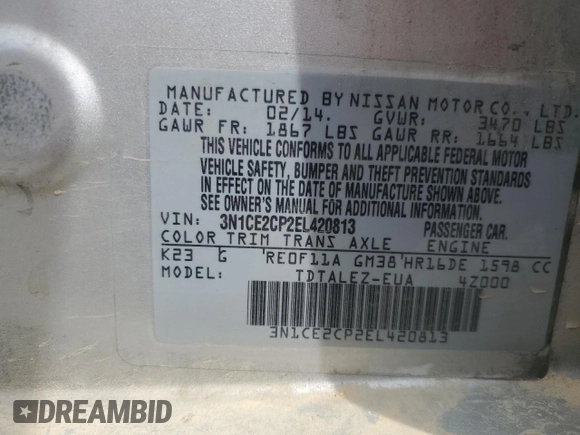 2014 Nissan Note SV with VIN 3N1CE2CP2EL420813, listed as a Copart auction lot 52038465 with 157,660 mi miles and Clean Title. Bid and sale history available at DreamBid. Image 12.