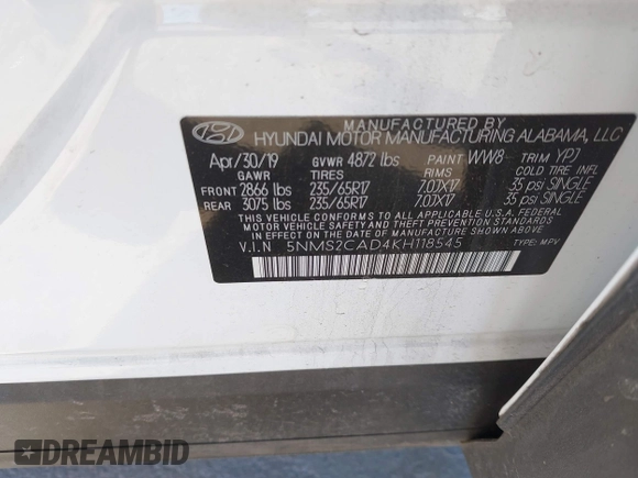 2019 Hyundai Santa Fe SE with VIN 5NMS2CAD4KH118545, listed as a IAAI auction lot 41686797 with 54,108 mi miles and . Bid and sale history available at DreamBid. Image 9.