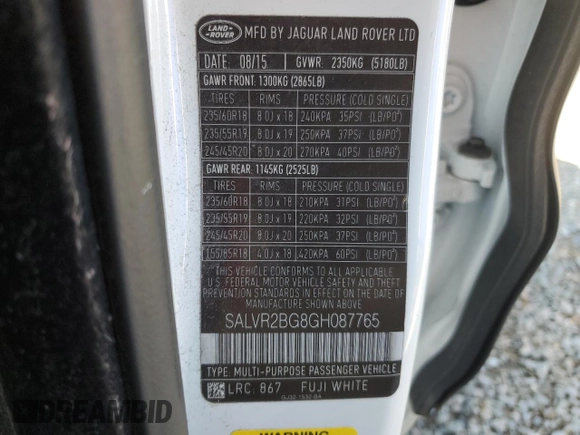 2016 Land Rover Range Rover Evoque HSE with VIN SALVR2BG8GH087765, listed as a Copart auction lot 89410565 with 89,161 mi miles and Salvage title. Bid and sale history available at DreamBid. Image 13.