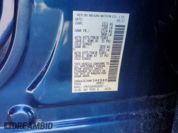 2017 Nissan Titan Pro-4X with VIN 1N6AA1E5XHN544948, listed as a Copart auction lot 61851175 with 216,797 mi miles and Clean title. Bid and sale history available at DreamBid. Image 12.