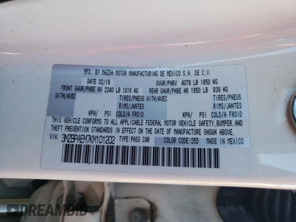 2019 Mazda 3 Premium with VIN 3MZBPAEM7KM101202, listed as a Copart auction lot 81261784 with 50,712 mi miles and Salvage Title. Bid and sale history available at DreamBid. Image 12.
