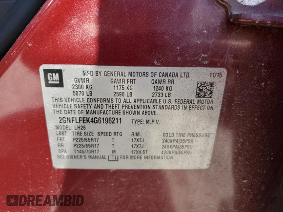 2016 Chevrolet Equinox LT z VIN 2GNFLFEK4G6196211, wystawiony jako Copart lot #49334205 z przebiegiem 118 769 mil mil oraz Szkoda całkowita • Salvage title. Historia ofert i sprzedaży dostępna na DreamBid. Obrazek 15.