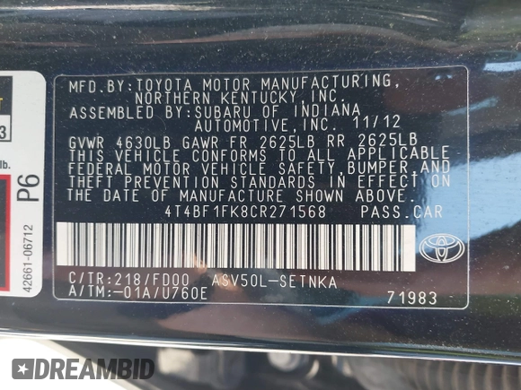 2012 Toyota Camry L with VIN 4T4BF1FK8CR271568, listed as a IAAI auction lot 42054303 with 200,186 mi miles. Bid and sale history available at carsss.com. Image 9.