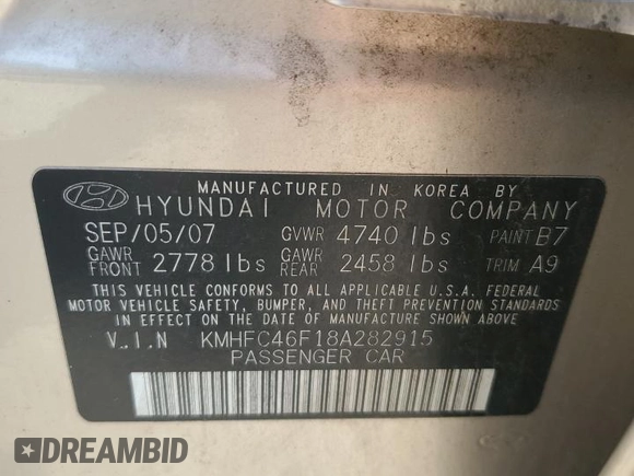 2008 Hyundai Azera Limited with VIN KMHFC46F18A282915, listed as a Copart auction lot 63642835 with 136,161 mi miles and Salvage title. Bid and sale history available at DreamBid. Image 12.