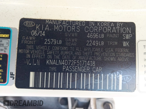 2015 Kia Cadenza Premium with VIN KNALN4D72F5171418, listed as a IAAI auction lot 41243986 with 96,495 mi miles. Bid and sale history available at carsss.com. Image 9.