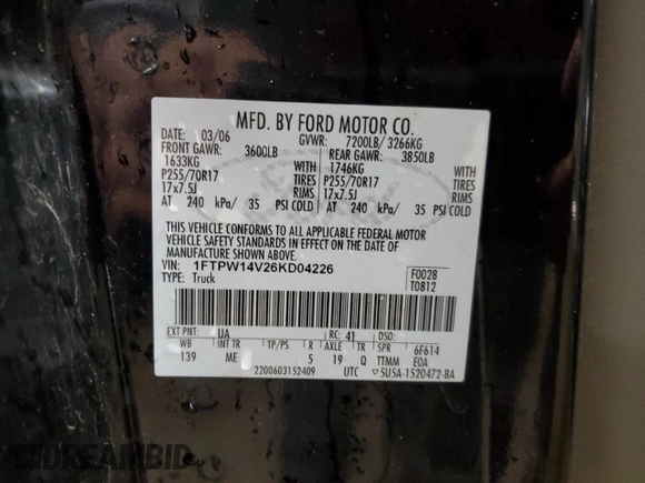 2006 Ford F-150 XLT with VIN 1FTPW14V26KD04226, listed as a Copart auction lot 51865075 with 133,204 mi miles and Salvage title. Bid and sale history available at DreamBid. Image 12.