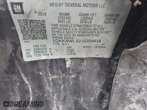 2018 GMC Acadia SLT with VIN 1GKKNWLS2JZ224818, listed as a IAAI auction lot 42100133 with 95,822 mi miles and . Bid and sale history available at DreamBid. Image 9.