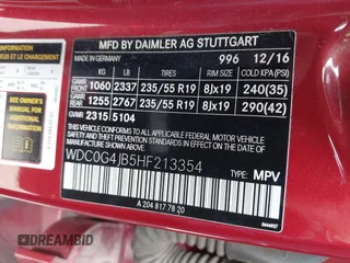 2017 Mercedes-Benz GLC with VIN WDC0G4JB5HF213354, listed as a IAAI auction lot 41939260 with 106,606 mi miles. Bid and sale history available at carsss.com. Image 9.