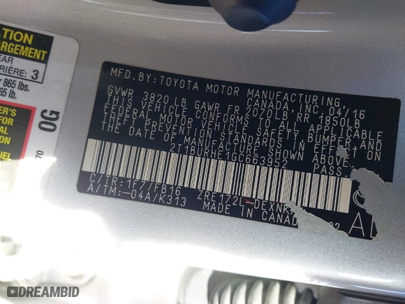 2016 Toyota Corolla L with VIN 2T1BURHE1GC663952, listed as a IAAI auction lot 41694953 with 97,768 mi miles. Bid and sale history available at carsss.com. Image 9.