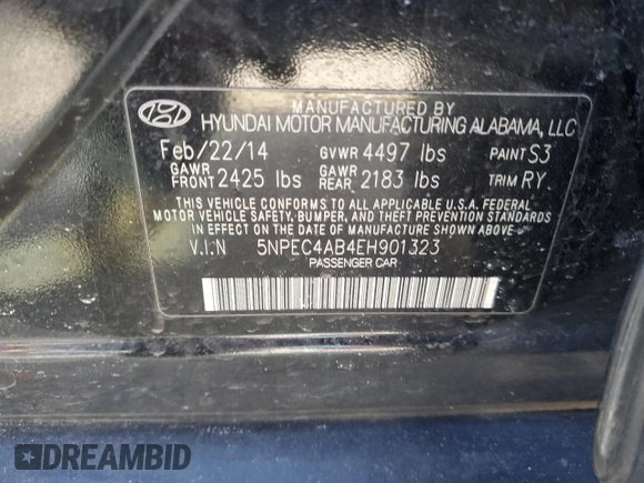 2014 Hyundai Sonata Limited with VIN 5NPEC4AB4EH901323, listed as a Copart auction lot 45665425 with 119,375 mi miles and Salvage Title. Bid and sale history available at DreamBid. Image 12.