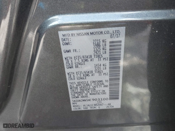 2017 Nissan Pathfinder SV with VIN 5N1DR2MN5HC903100, listed as a IAAI auction lot 41721305 with 108,793 mi miles. Bid and sale history available at carsss.com. Image 9.