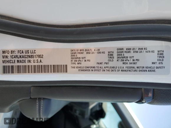 2022 Jeep Grand Cherokee Altitude with VIN 1C4RJKAG2N8517952, listed as a Copart auction lot 54445215 with 51,229 mi miles and Salvage title. Bid and sale history available at DreamBid. Image 13.