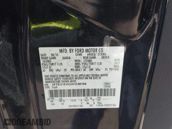 2010 Ford F-150 XL with VIN 1FTEX1EW2AFD38194, listed as a IAAI auction lot 41773805 with 143,313 mi miles. Bid and sale history available at carsss.com. Image 9.
