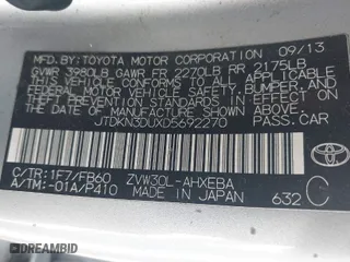 2013 Toyota Prius One with VIN JTDKN3DUXD5692270, listed as a IAAI auction lot 41744412 with 343,211 mi miles. Bid and sale history available at carsss.com. Image 9.
