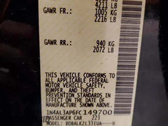 2015 Nissan Altima 2.5 with VIN 1N4AL3AP6FC149700, listed as a Copart auction lot 61822725 with 153,085 mi miles and Salvage title. Bid and sale history available at DreamBid. Image 12.