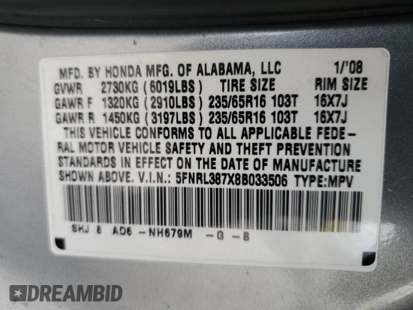 2008 Honda Odyssey EX-L с VIN 5FNRL387X8B033506, выставлен на аукционе Copart как лот 45500865 с пробегом 201 643 миль миль и Списание • Salvage title. История ставок и продаж доступна на DreamBid. Изображение 13.