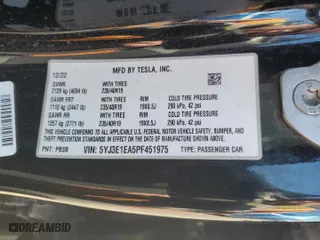2023 Tesla Model 3 with VIN 5YJ3E1EA5PF451975, listed as a Copart auction lot 52501005 with 93,733 mi miles and Clean Title. Bid and sale history available at carsss.com. Image 13.