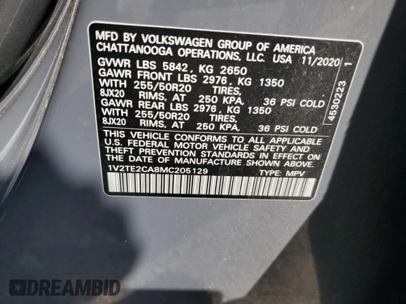2021 Volkswagen Atlas SEL Premium with VIN 1V2TE2CA8MC205129, listed as a Copart auction lot 53693985 with Not provided miles and Salvage title. Bid and sale history available at DreamBid. Image 13.