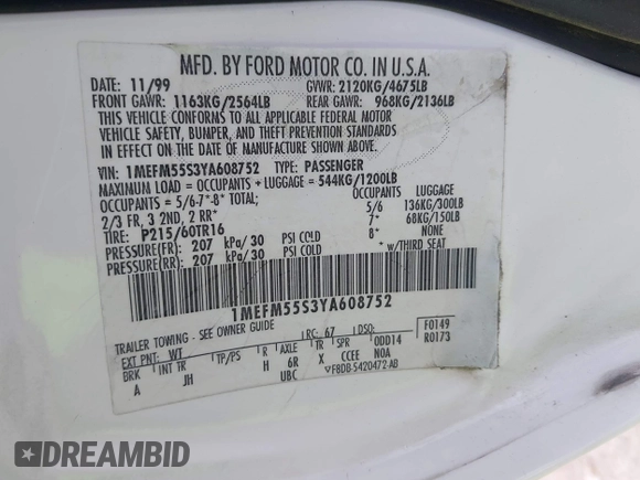 2000 Mercury Sable LS Premium with VIN 1MEFM55S3YA608752, listed as a IAAI auction lot 42391598 with 199,256 mi miles and . Bid and sale history available at DreamBid. Image 9.