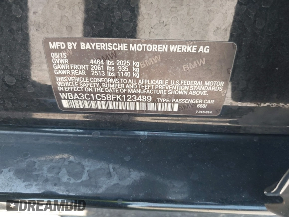 2015 BMW 3 Series 328i with VIN WBA3C1C58FK123489, listed as a IAAI auction lot 42026400 with 127,880 mi miles and . Bid and sale history available at carsss.com. Image 9.