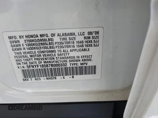 2007 Honda Pilot EX-L with VIN 5FNYF18587B000332, listed as a IAAI auction lot 42403191 with 192,771 mi miles and . Bid and sale history available at DreamBid. Image 9.