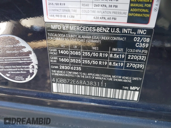 2008 Mercedes-Benz M 550 with VIN 4JGBB72E68A383111, listed as a IAAI auction lot 41639280 with 101,551 mi miles and . Bid and sale history available at carsss.com. Image 9.