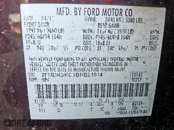 2011 Ford Edge Limited with VIN 2FMDK3KC1BBB21914, listed as a Copart auction lot 59872515 with 235,204 mi miles and Clean title. Bid and sale history available at DreamBid. Image 14.