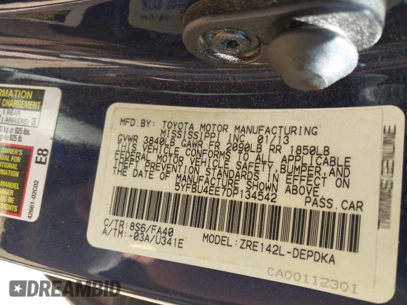 2013 Toyota Corolla L with VIN 5YFBU4EE7DP134542, listed as a IAAI auction lot 42124149 with 135,868 mi miles and . Bid and sale history available at DreamBid. Image 9.