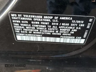 2013 Volkswagen Passat SE z VIN 1VWBP7A39DC076081, wystawiony jako Copart lot #57167695 z przebiegiem Nie podano mil oraz Szkoda całkowita • Salvage title. Historia ofert i sprzedaży dostępna na DreamBid. Obrazek 12.