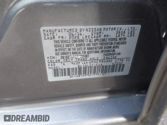 2016 Nissan Sentra SV with VIN 3N1AB7AP9GY298487, listed as a IAAI auction lot 41433382 with 30,087 mi miles and . Bid and sale history available at DreamBid. Image 9.