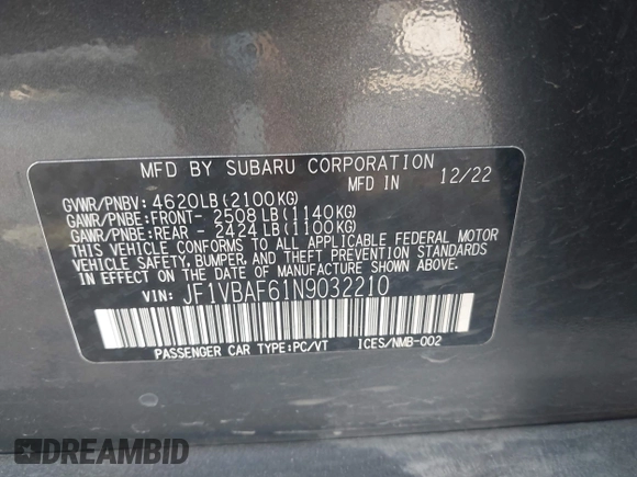 2022 Subaru WRX Premium with VIN JF1VBAF61N9032210, listed as a IAAI auction lot 42037353 with 33,886 mi miles and . Bid and sale history available at DreamBid. Image 9.
