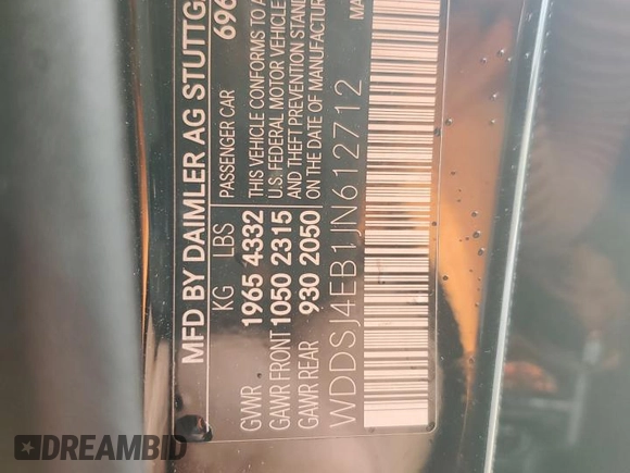 2018 Mercedes-Benz CLA 250 with VIN WDDSJ4EB1JN612712, listed as a Copart auction lot 45273445 with 59,867 mi miles and Salvage title. Bid and sale history available at DreamBid. Image 15.