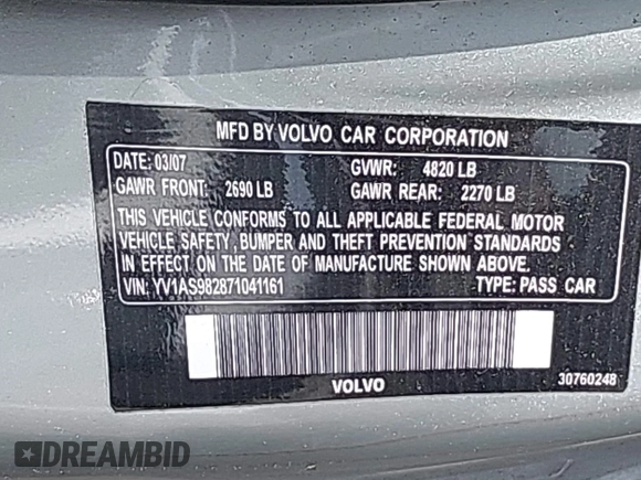 2007 Volvo S80 I6 with VIN YV1AS982871041161, listed as a IAAI auction lot 42171679 with 176,275 mi miles. Bid and sale history available at carsss.com. Image 9.