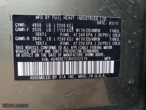 2017 Subaru Outback Touring with VIN 4S4BSETC9H3332319, listed as a Copart auction lot 46650955 with 114,845 mi miles and Salvage Title. Bid and sale history available at carsss.com. Image 12.