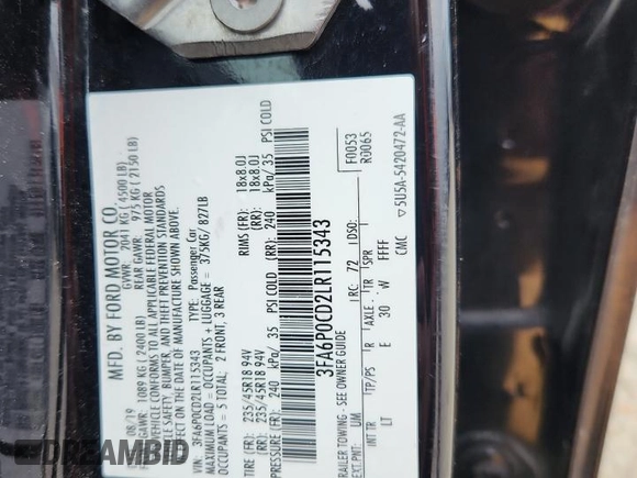 2020 Ford Fusion SEL with VIN 3FA6P0CD2LR115343, listed as a Copart auction lot 62756005 with 106,628 mi miles and Salvage title. Bid and sale history available at DreamBid. Image 12.