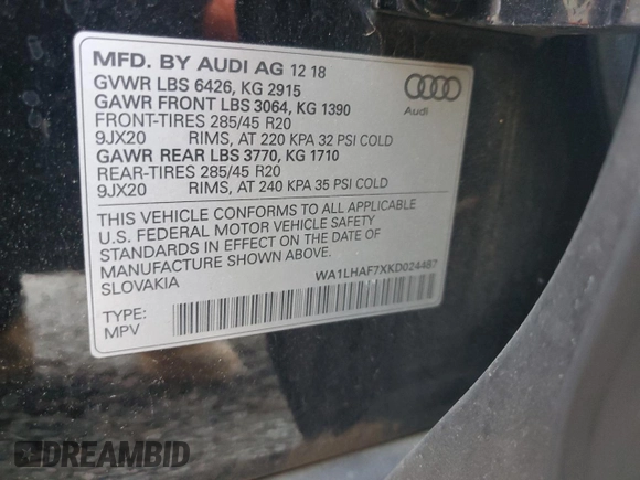 2019 Audi Q7 Premium Plus with VIN WA1LHAF7XKD024487, listed as a Copart auction lot 58400285 with 74,156 mi miles and Salvage title. Bid and sale history available at DreamBid. Image 13.