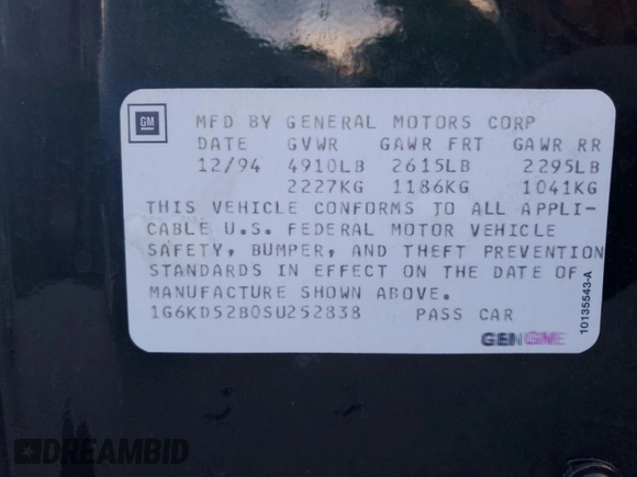 1995 Cadillac DeVille z VIN 1G6KD52B0SU252838, wystawiony jako Copart lot #87642595 z przebiegiem 72 847 mil mil oraz Szkoda całkowita • Salvage title. Historia ofert i sprzedaży dostępna na DreamBid. Obrazek 14.