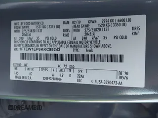 2019 Ford F-150 XL with VIN 1FTEW1EP6KKC99243, listed as a IAAI auction lot 42057955 with 99,666 mi miles. Bid and sale history available at carsss.com. Image 9.