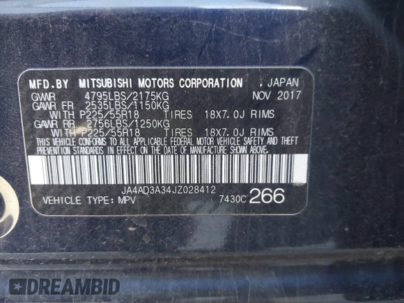 2018 Mitsubishi Outlander SE with VIN JA4AD3A34JZ028412, listed as a IAAI auction lot 41282094 with 88,020 mi miles and . Bid and sale history available at DreamBid. Image 9.