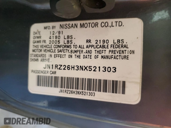 1992 Nissan 300ZX z VIN JN1RZ26H3NX521303, wystawiony jako Copart lot #44807265 z przebiegiem 135 626 mil mil oraz Czysty tytuł • Clean title. Historia ofert i sprzedaży dostępna na DreamBid. Obrazek 12.