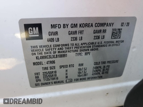 2020 Buick Encore GX Preferred с VIN KL4MMCSLXLB106991, выставлен на аукционе Copart как лот 56003145 с пробегом 74 242 миль миль и Списание • Salvage title. История ставок и продаж доступна на DreamBid. Изображение 13.