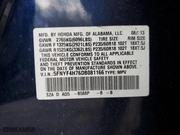 2013 Honda Pilot EX-L with VIN 5FNYF4H76DB081166, listed as a Copart auction lot 43065305 with 134,313 mi miles and Salvage Title. Bid and sale history available at carsss.com. Image 13.