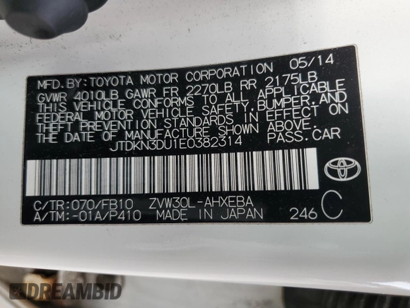 2014 Toyota Prius Four with VIN JTDKN3DU1E0382314, listed as a Copart auction lot 53436745 with 235,097 mi miles and Salvage Title. Bid and sale history available at carsss.com. Image 12.