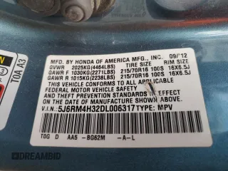 2013 Honda CR-V LX with VIN 5J6RM4H32DL006317, listed as a Copart auction lot 51944415 with 172,456 mi miles and Salvage Title. Bid and sale history available at DreamBid. Image 15.
