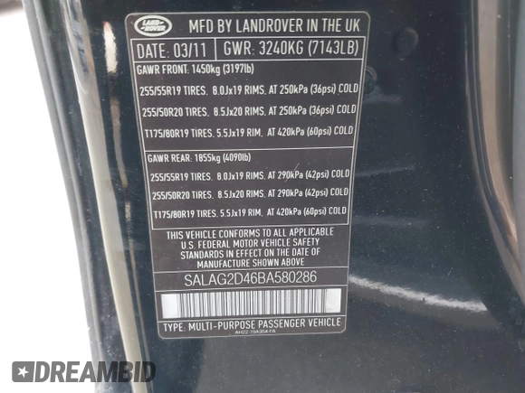 2011 Land Rover LR4 HSE with VIN SALAG2D46BA580286, listed as a IAAI auction lot 41721785 with 156,443 mi miles and . Bid and sale history available at DreamBid. Image 9.