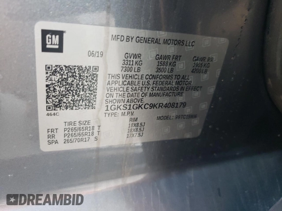 2019 GMC Yukon XL SLT with VIN 1GKS1GKC9KR408179, listed as a Copart auction lot 72939664 with 51,869 mi miles and Clean Title. Bid and sale history available at carsss.com. Image 13.