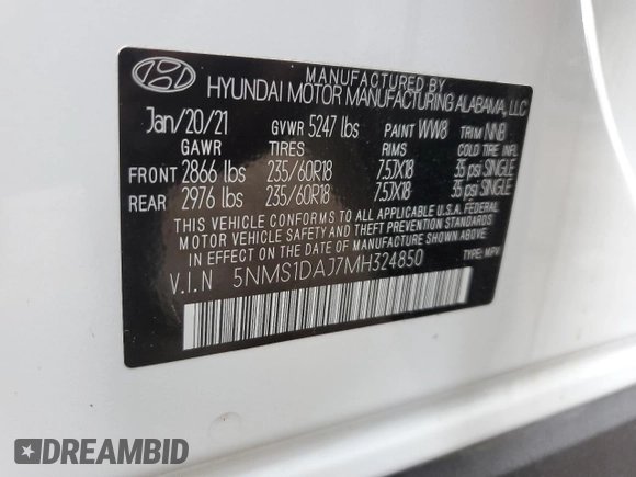 2021 Hyundai Santa Fe SE with VIN 5NMS1DAJ7MH324850, listed as a Copart auction lot 64805225 with 62,009 mi miles and Salvage title. Bid and sale history available at DreamBid. Image 13.