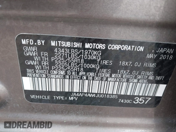 2018 Mitsubishi Outlander SEL z VIN JA4AP4AW4JU018385, wystawiony jako IAAI lot #42460235 z przebiegiem 83 910 mil mil oraz . Historia ofert i sprzedaży dostępna na DreamBid. Obrazek 9.